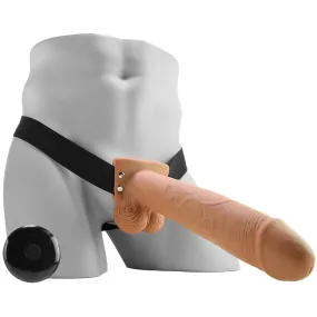 10" Hollow Vibrating Strap-On with Remote in Tan