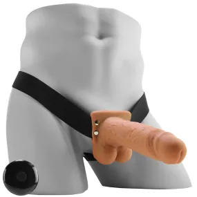 7 Inch Hollow Vibrating Strap-On with Remote in Tan