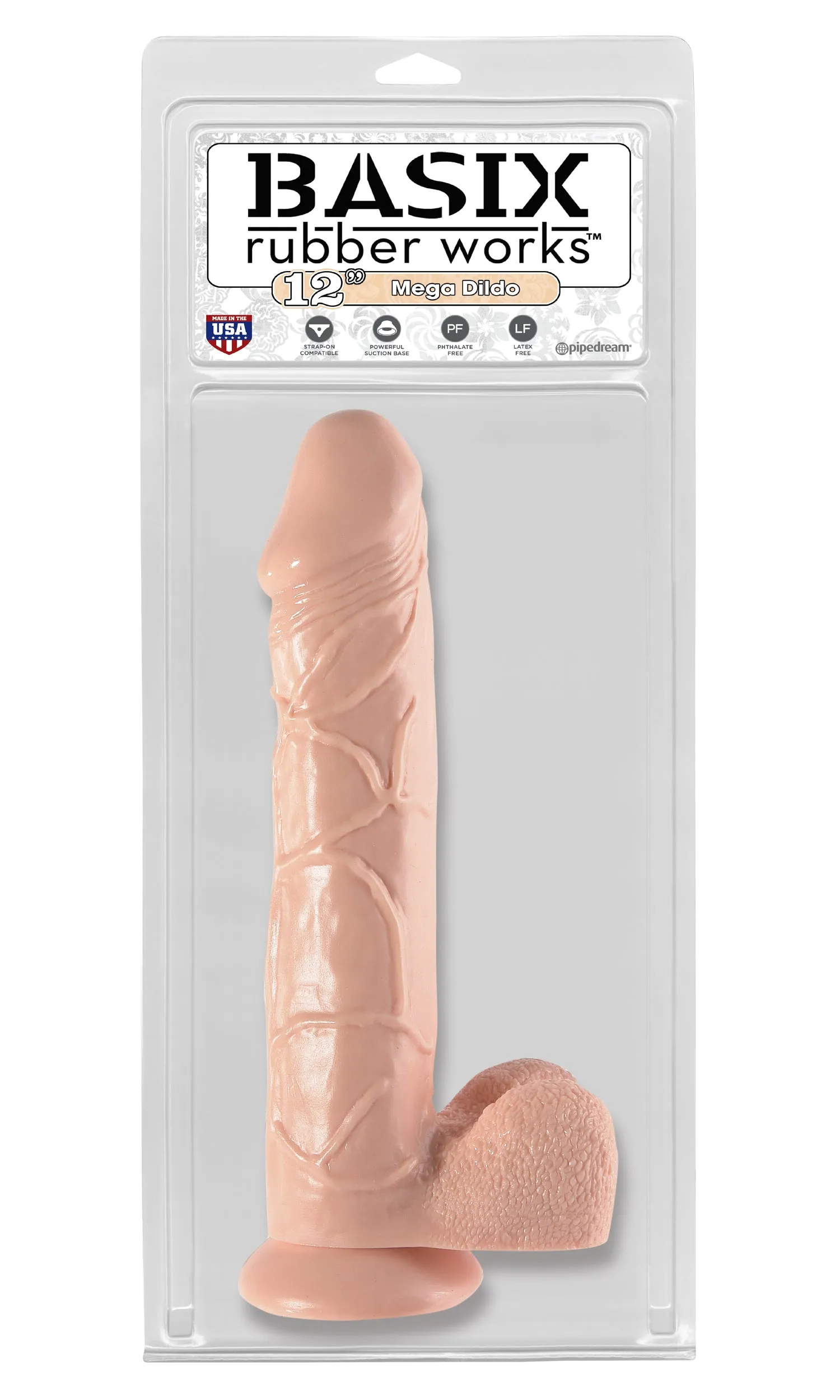 Basix 12 Inch Mega Dildo with Suction Cup for Hands-Free Fun