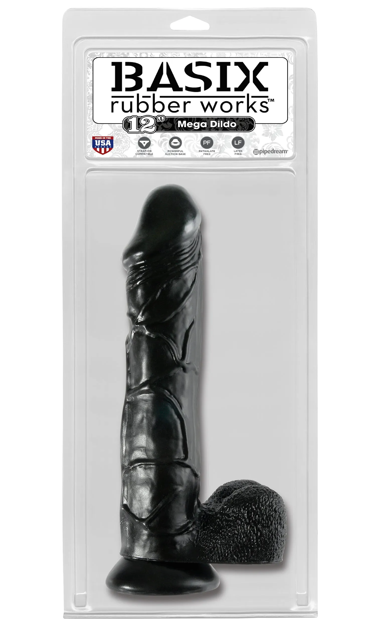 Basix 12 Inch Mega Dildo with Suction Cup for Hands-Free Fun